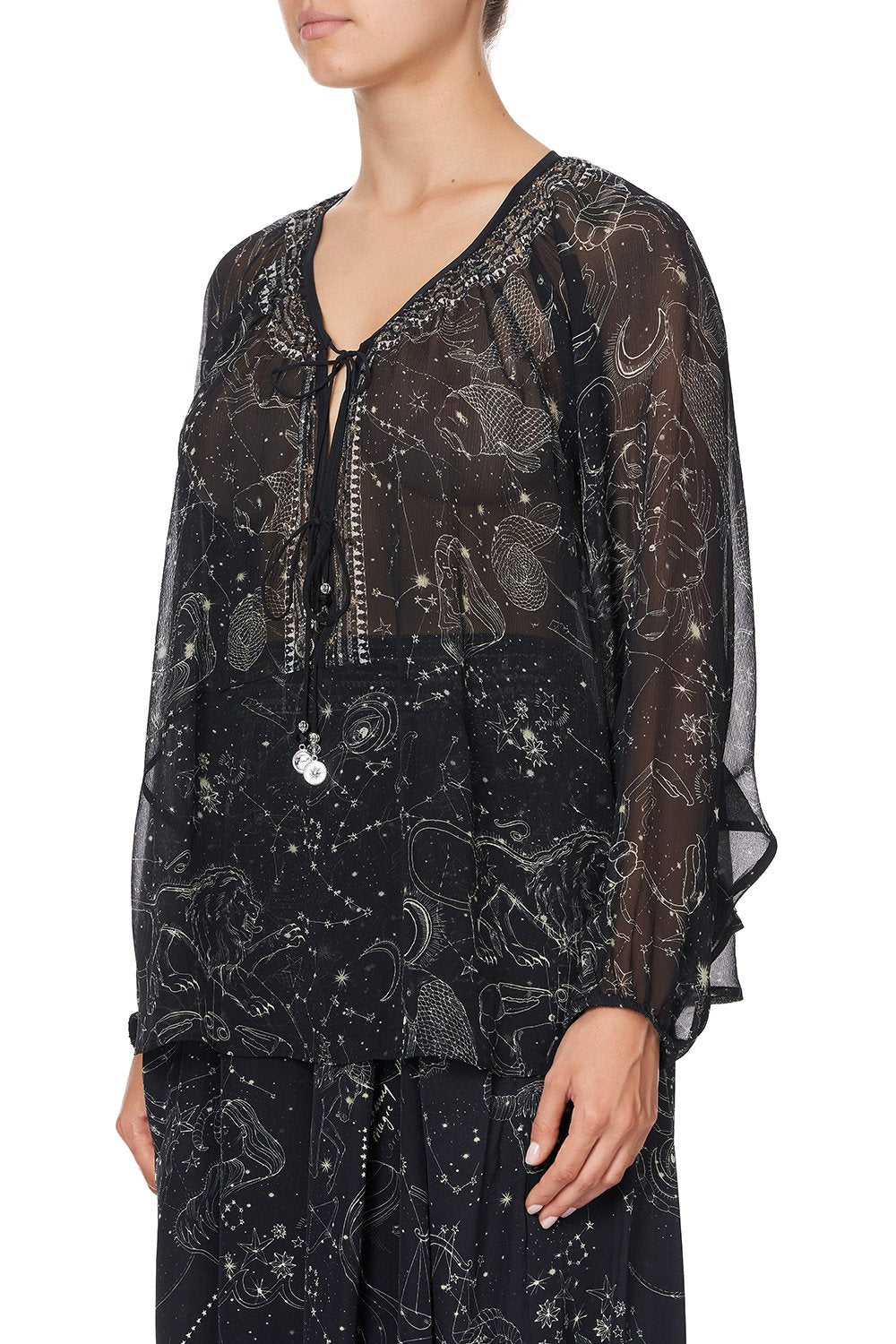 TIE FRONT HIGH LOW HEM BLOUSE MOON SET