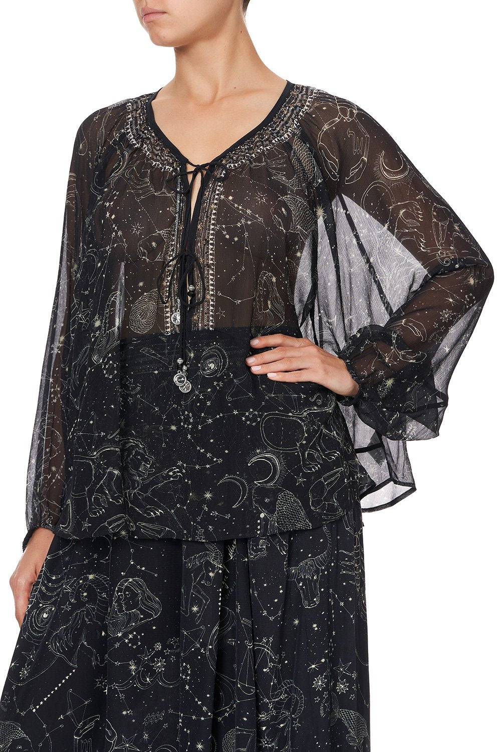 TIE FRONT HIGH LOW HEM BLOUSE MOON SET