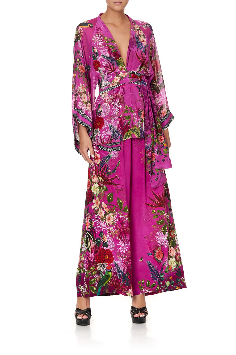 TIE FRONT WIDE SLEEVE BLOUSE WITH SHIRRED BACK JUNGLE LANGUAGE