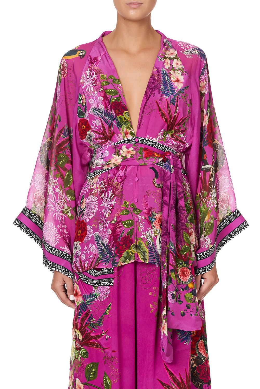 TIE FRONT WIDE SLEEVE BLOUSE WITH SHIRRED BACK JUNGLE LANGUAGE