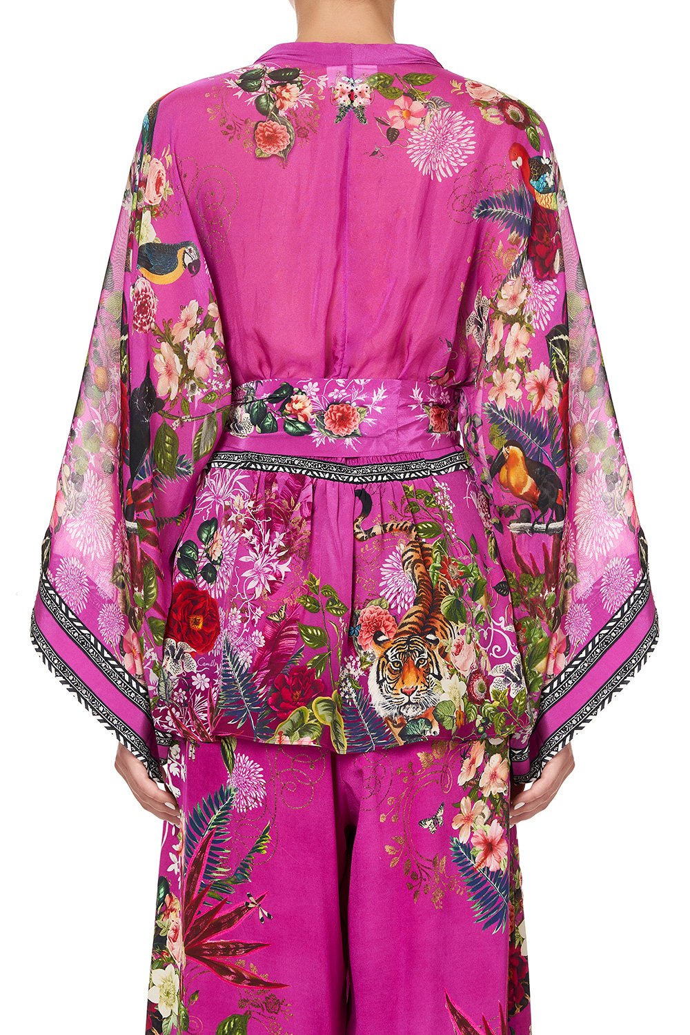 TIE FRONT WIDE SLEEVE BLOUSE WITH SHIRRED BACK JUNGLE LANGUAGE