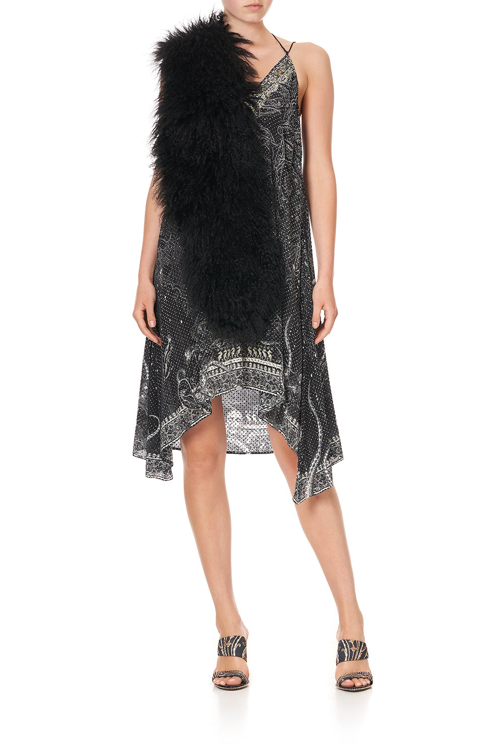 V-NECK STRAPPY FLARE DRESS MIDNIGHT PEARL