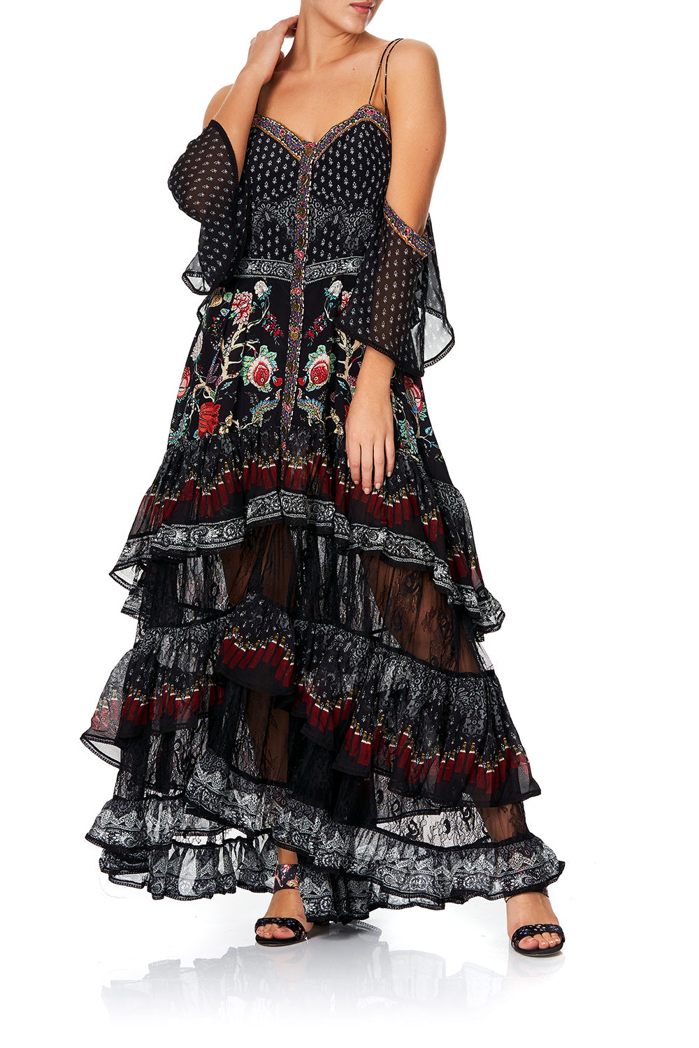 BUTTON-UP HIGH LOW DRESS WITH RUFFLE DETAIL HAUTE PROVINCIAL