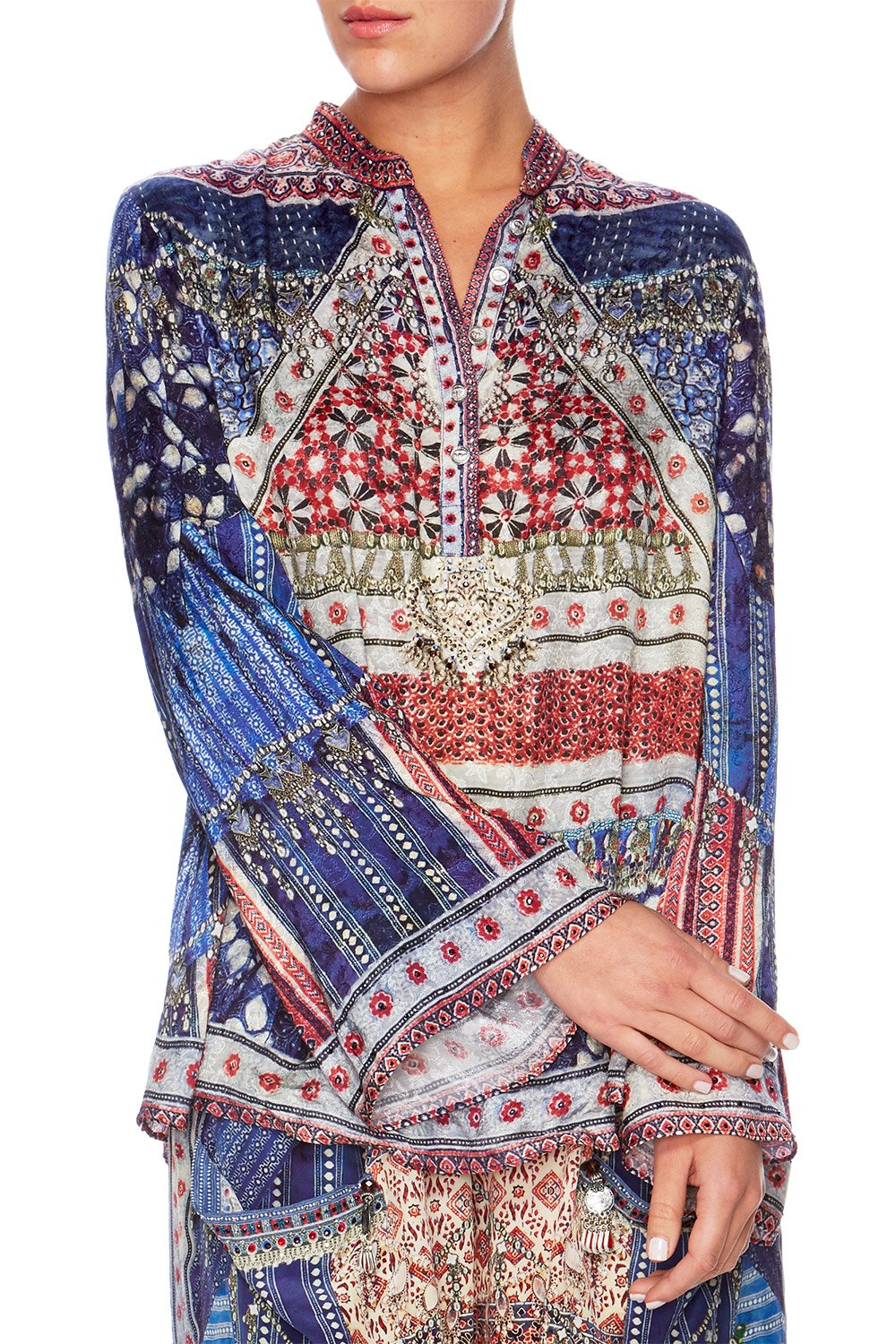 OVERNIGHT BAG WIDE SLEEVE BUTTON UP BLOUSE