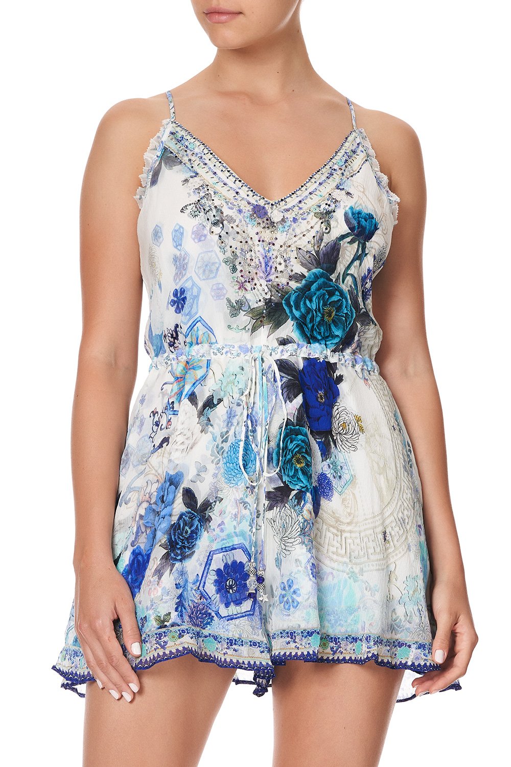 V NECK SHOESTRING STRAP PLAYSUIT WHITE SIDE OF THE MOON